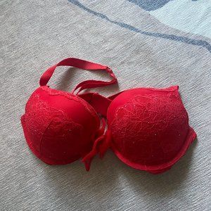 Victoria Secret Plunge Push Up Red Crystals Lace Bow Bra - 36C